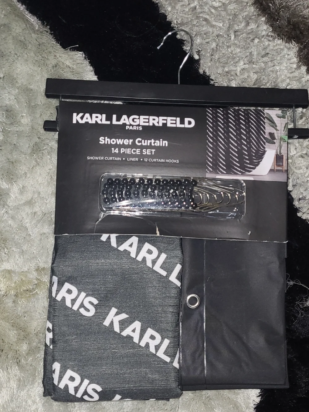 Karl Lagerfeld Black & White Logo Shower Curtain - 14 Pc Set